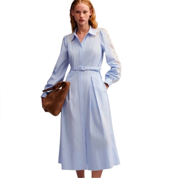 NWOT - ME + EM Cotton Stripe And Lace Midi Shirt Dress - SIZE 4 - Picture 2 of 12